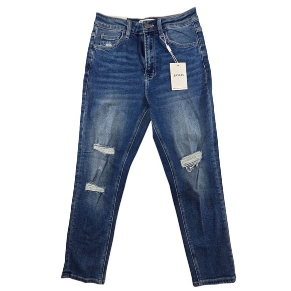 Bayeas Womens 26W Stretch Mom Jeans Distressed Style Size Blue Denim New Tags - Picture 1 of 8